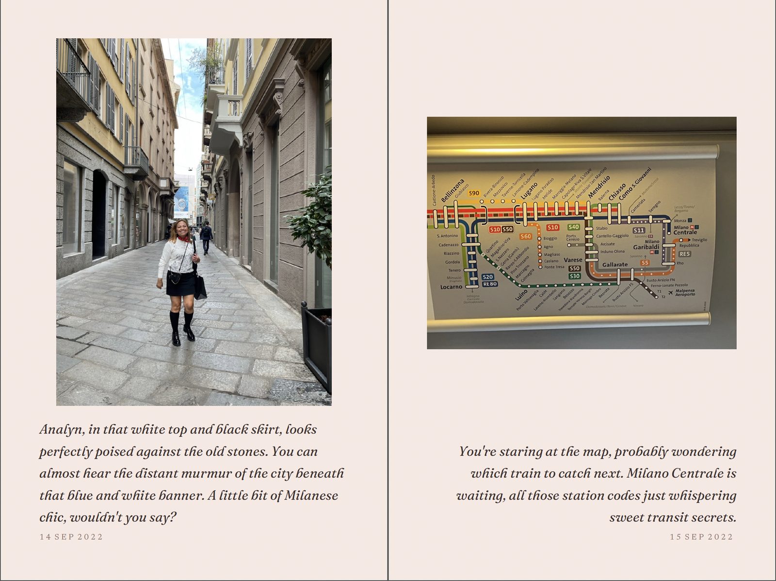An open spread of the booklet: a photograph plate on each page with a line and a date.
