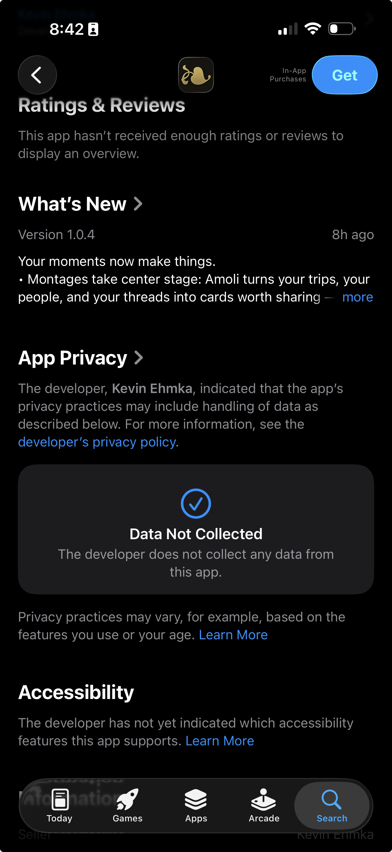 Amoli's App Store privacy section: Data Not Collected.