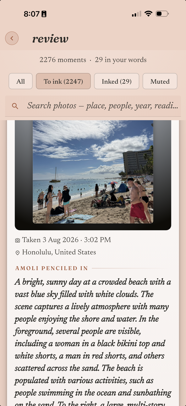 The review screen: a photograph above the words Amoli wrote about it.