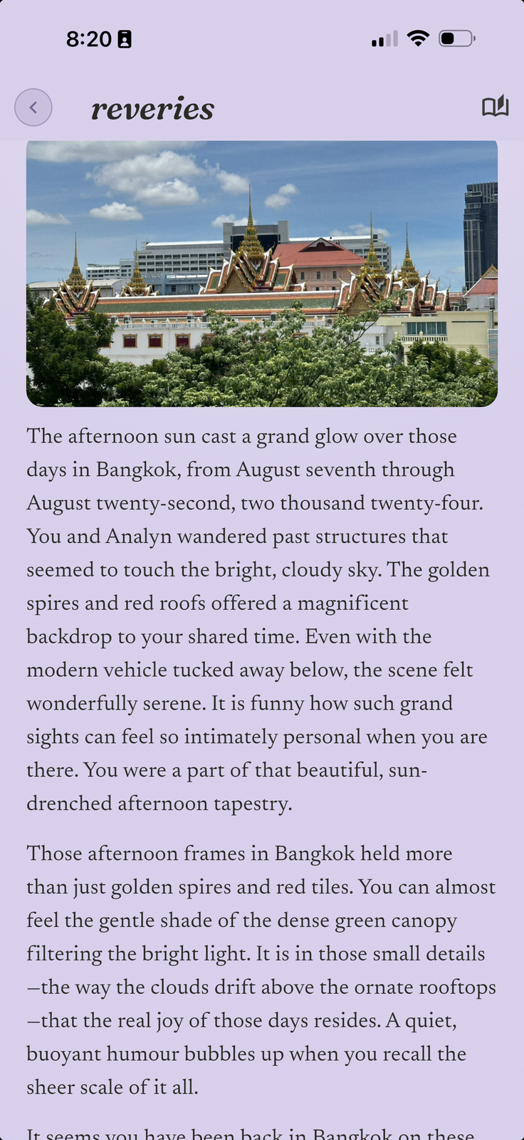 A reverie: a typeset page of prose about the keeper's own days, with their photographs set into it.