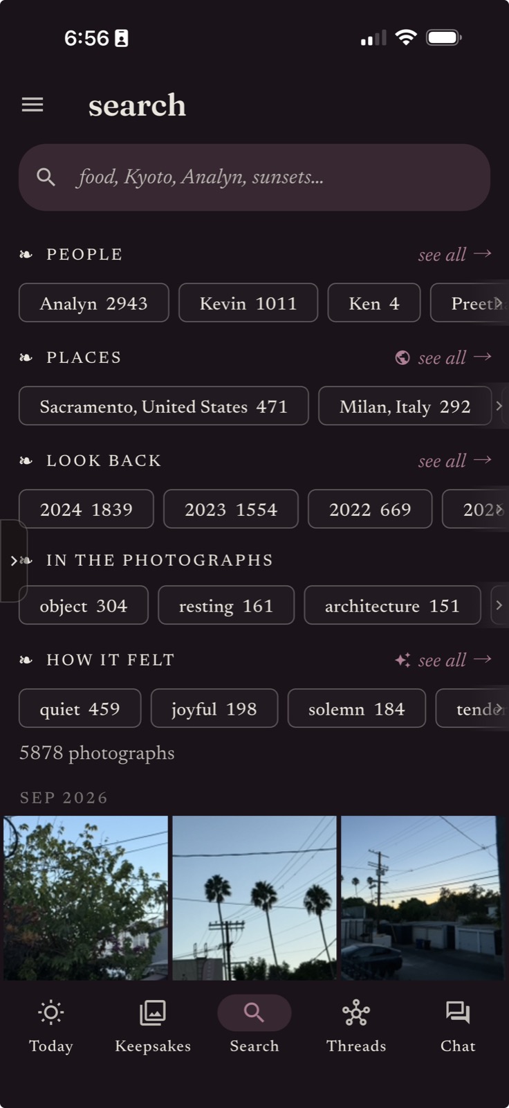 The search screen: shelves for people, places, years, what is in the photographs and how they felt.