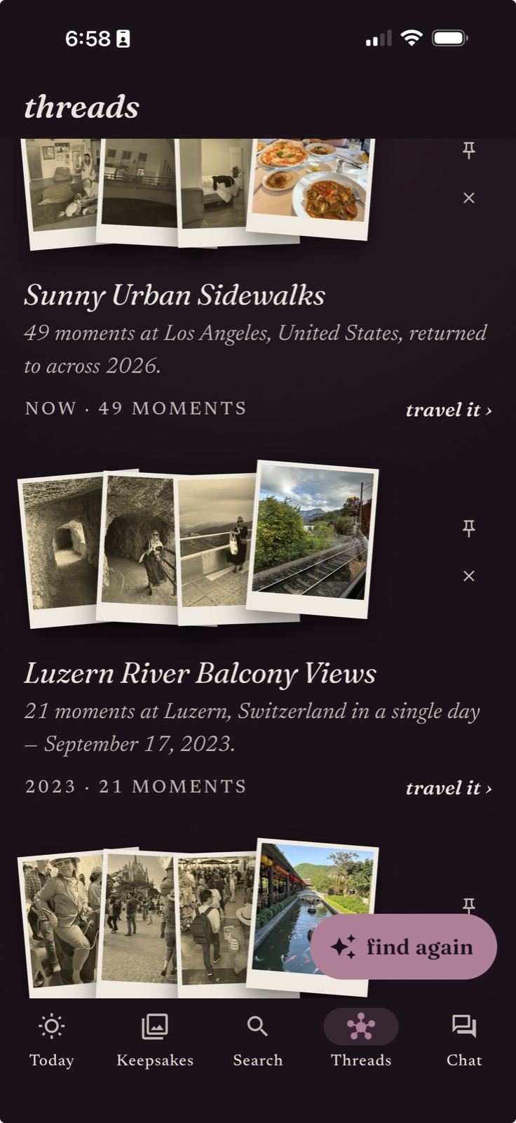 A thread surfacing: one subject's moments gathered across years.