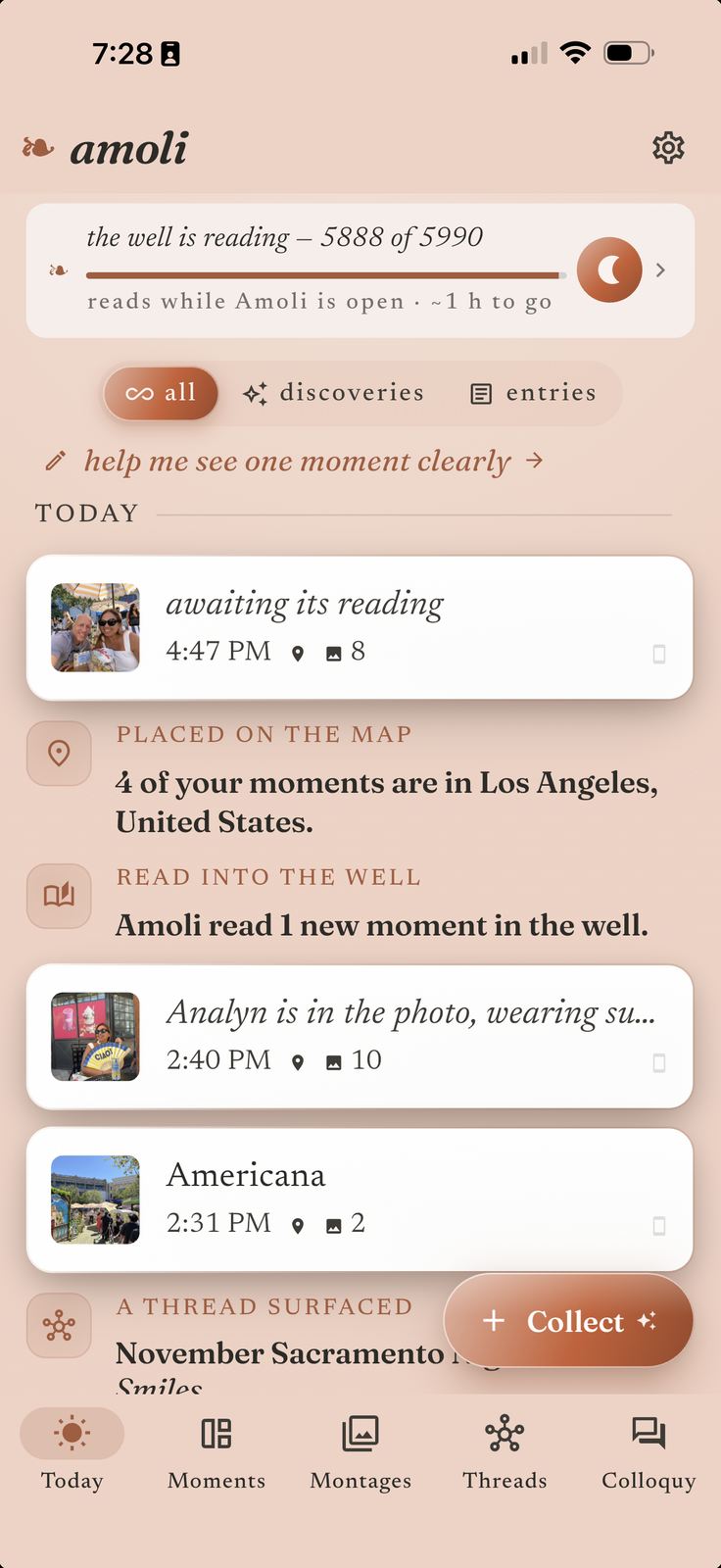 The Today screen: the morning report of what was read overnight, and a factoid about the library.
